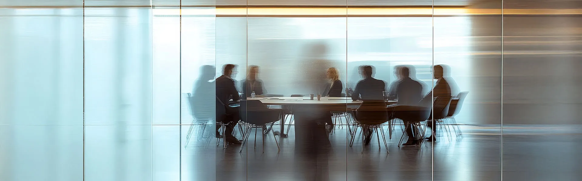 Reunión ejecutiva en sala corporativa con siluetas de empresarios, reflejando la estrategia patrimonial en negocios y empresas.