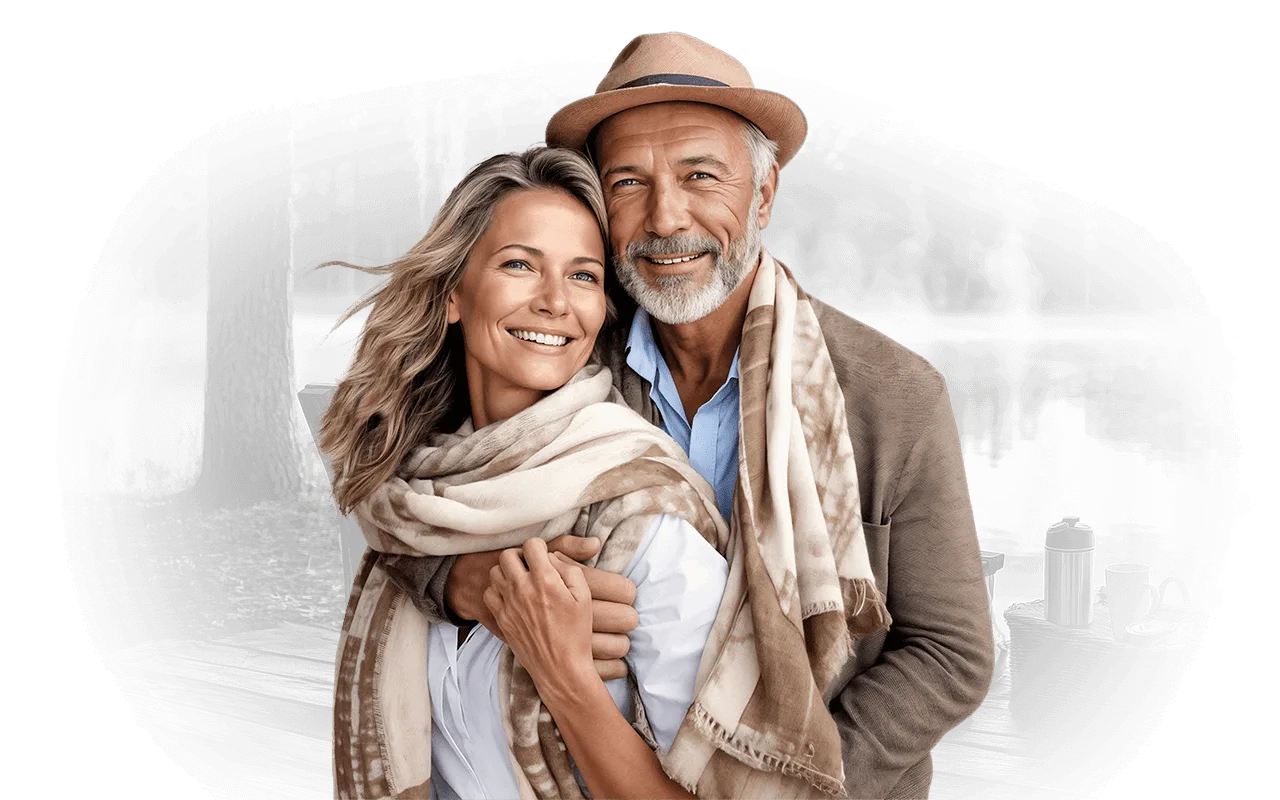 Pareja adulta mayor sonriendo con fondo de lago, representando tranquilidad, estabilidad y bienestar logrados gracias a una planificación patrimonial exitosa.