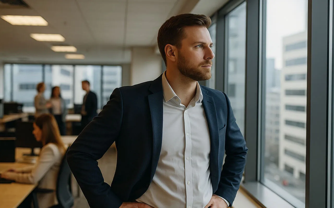 Ejecutivo joven mirando por la ventana de una oficina corporativa, representando el papel estratégico de un hombre clave en la continuidad de una empresa.