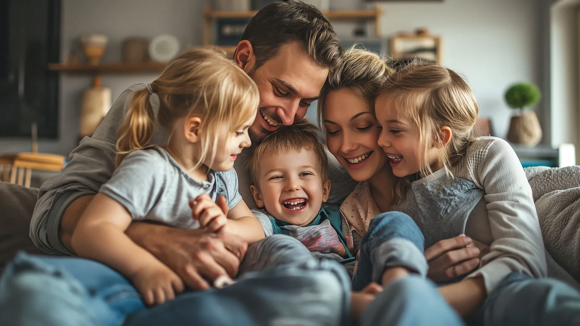 Familia feliz abrazándose en casa con sonrisas, simbolizando seguridad emocional y estabilidad lograda a través de una asesoría patrimonial bien planificada.
