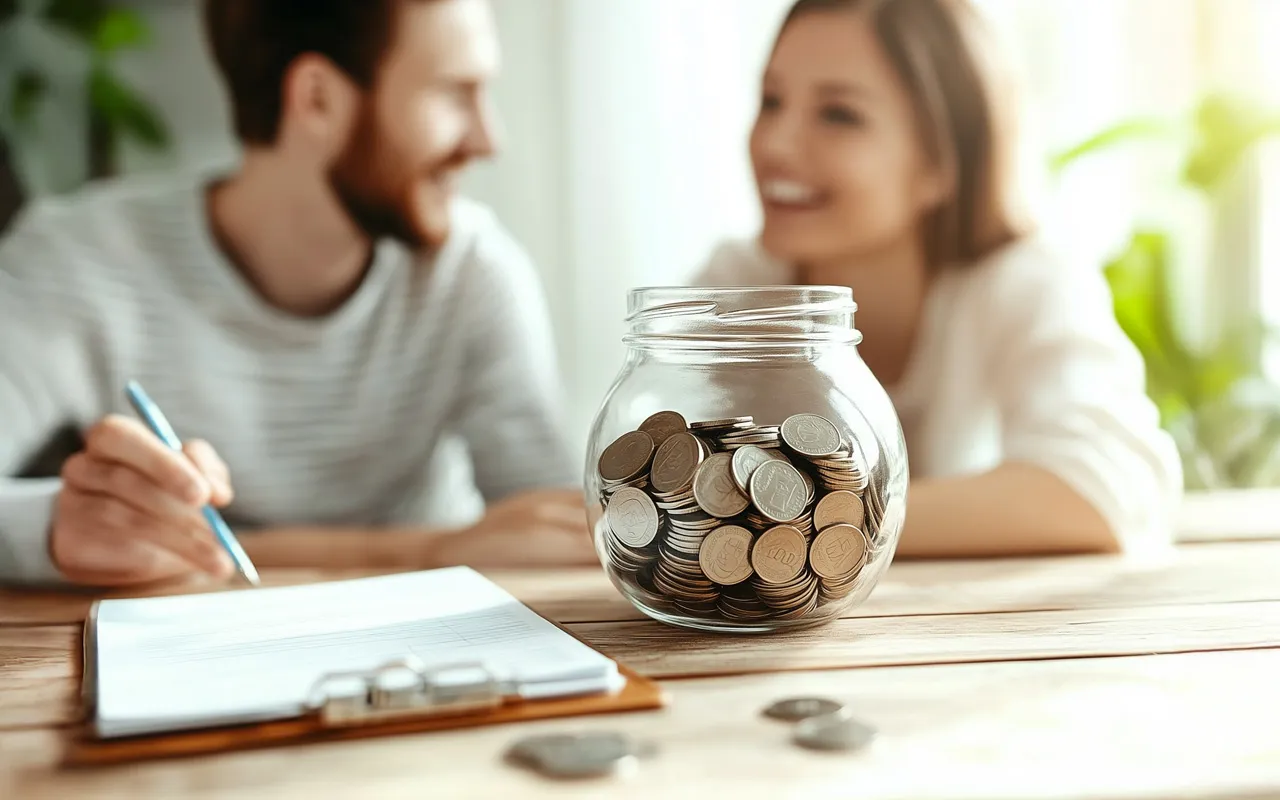 Pareja joven conversando sobre sus finanzas junto a un frasco lleno de monedas, representando planificación patrimonial y objetivos financieros.