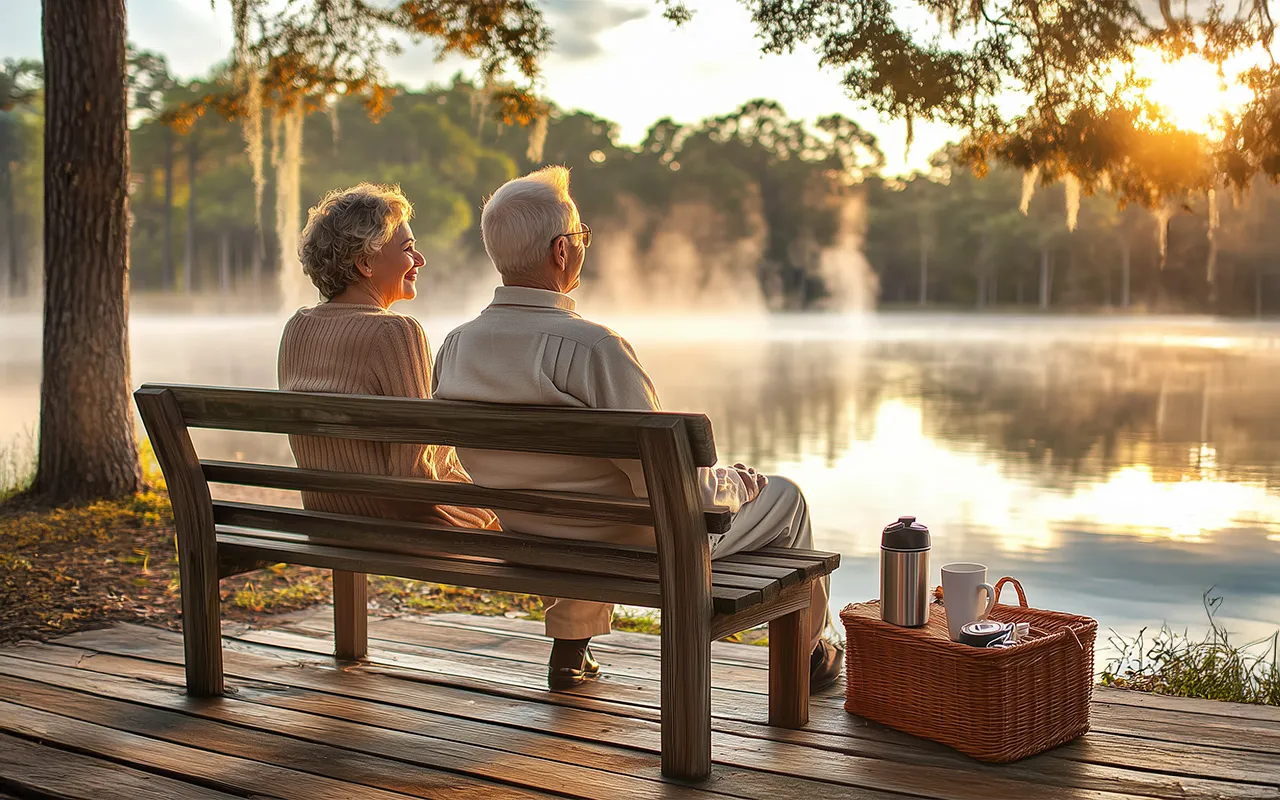 Pareja de adultos mayores disfrutando el atardecer junto a un lago, símbolo de un retiro bien planeado gracias a una asesoría patrimonial efectiva.