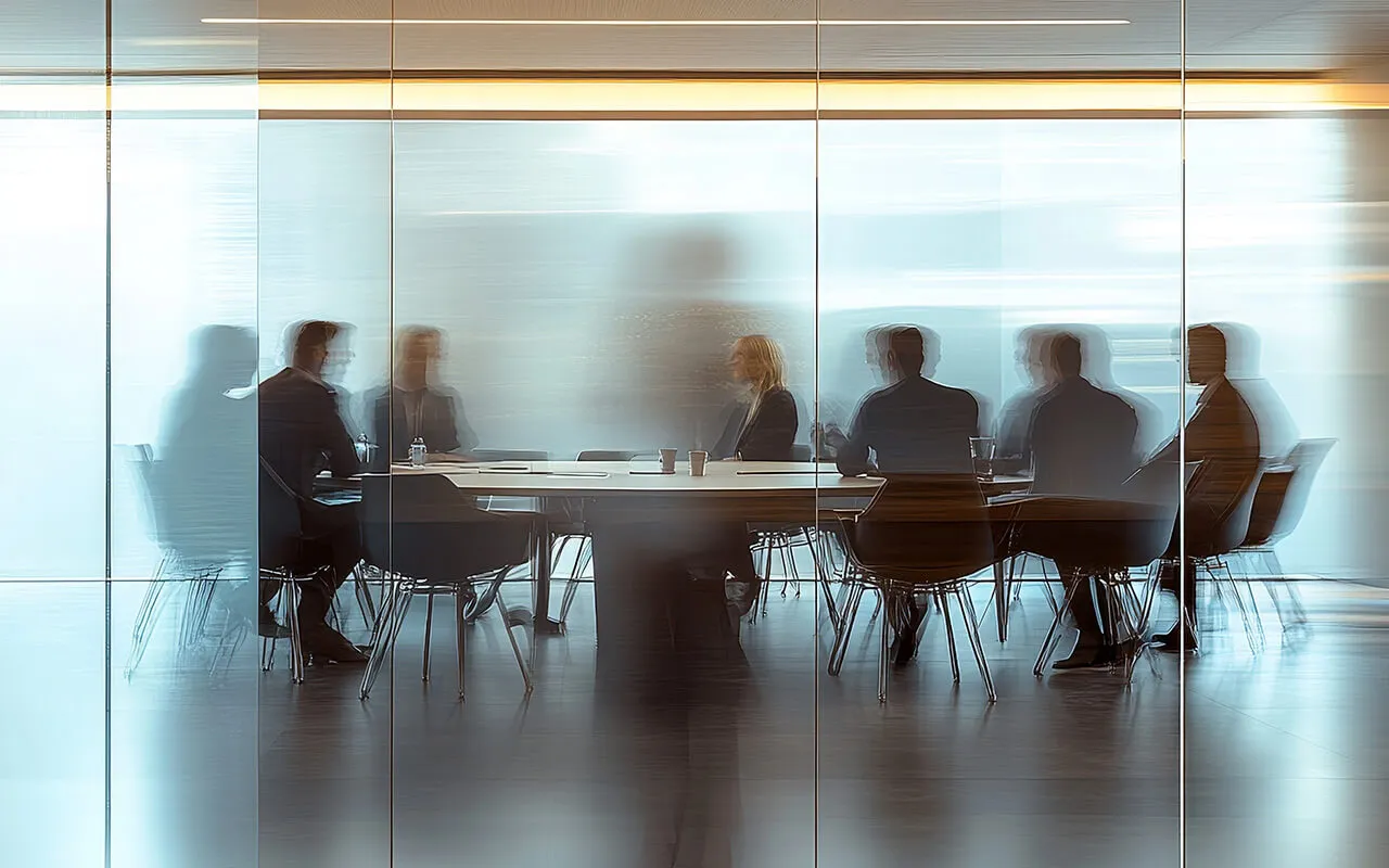 Reunión ejecutiva en sala corporativa con siluetas de empresarios, reflejando la estrategia patrimonial en negocios y empresas.