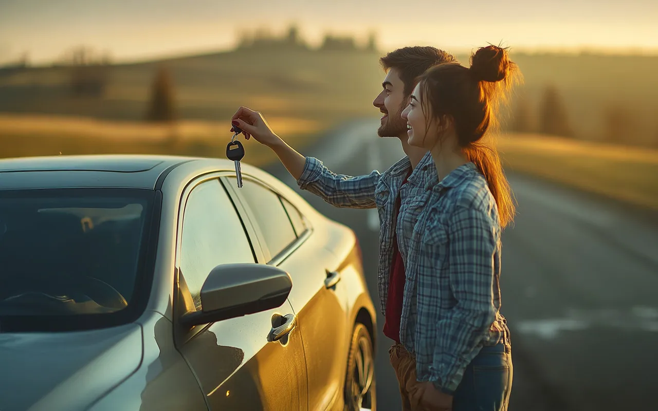 Pareja recibiendo las llaves de su auto nuevo en carretera, mostrando logros personales derivados de una planeación financiera inteligente.