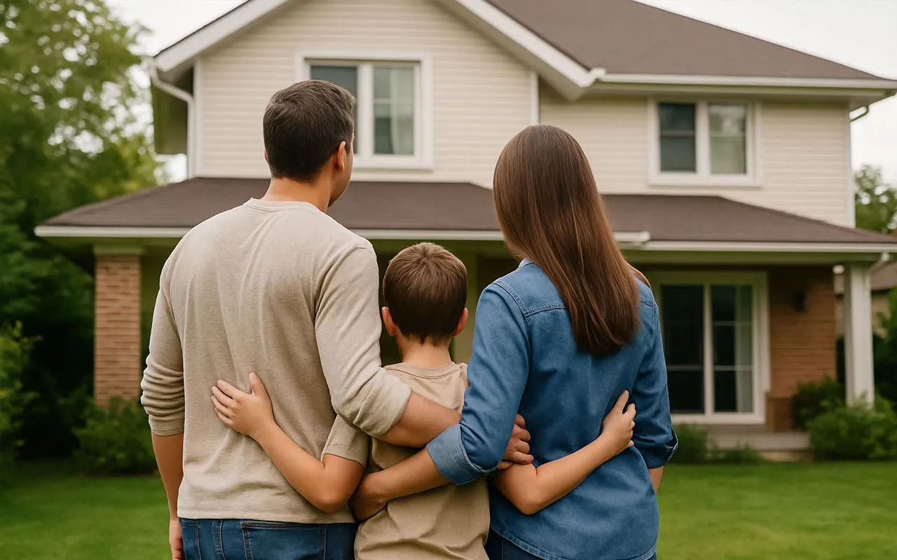 Familia de tres mirando su hogar desde el jardín, simbolizando la protección y tranquilidad que ofrece un seguro de casa.