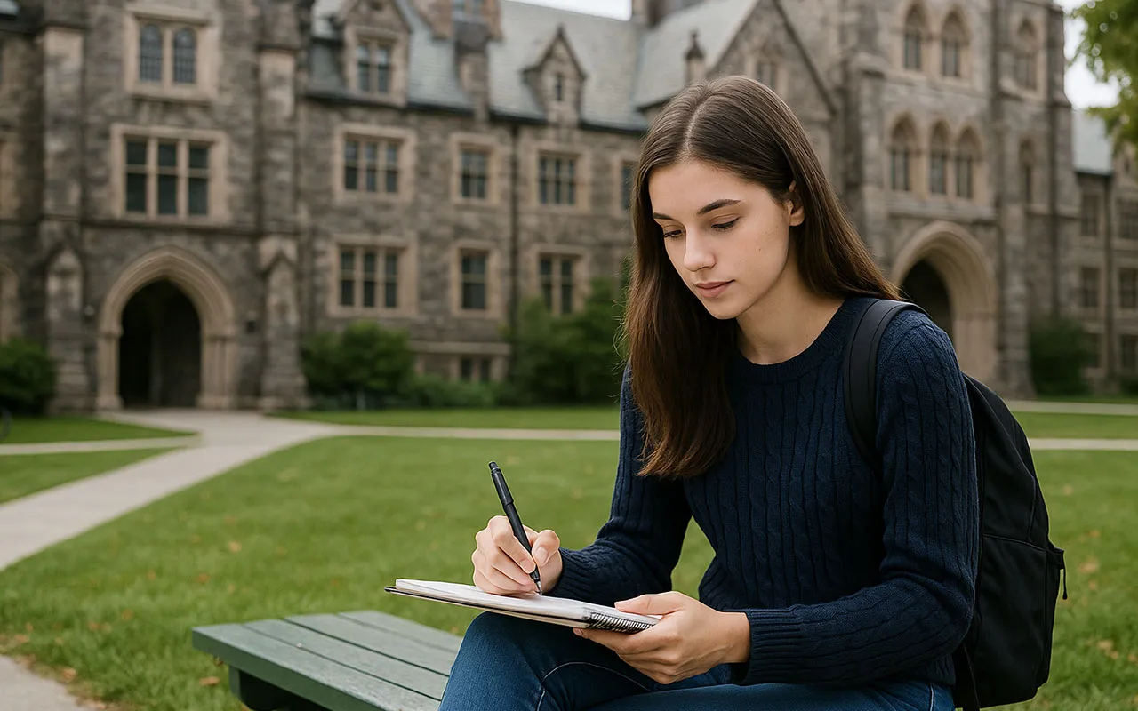 Joven universitaria escribiendo en su libreta frente a una institución académica de prestigio, representando el respaldo del seguro educativo para su futuro.