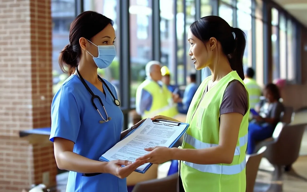 Profesionales de salud conversando en entorno laboral, reflejando bienestar organizacional a través de soluciones patrimoniales para colaboradores.