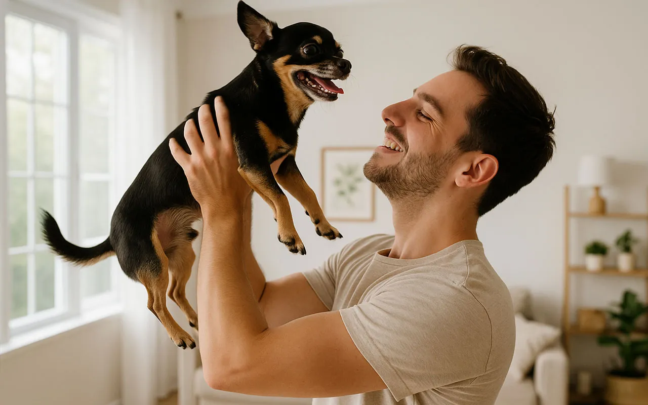 Joven levantando con alegría a su perro chihuahua negro en una sala iluminada, representando el vínculo protegido por un seguro de mascotas.