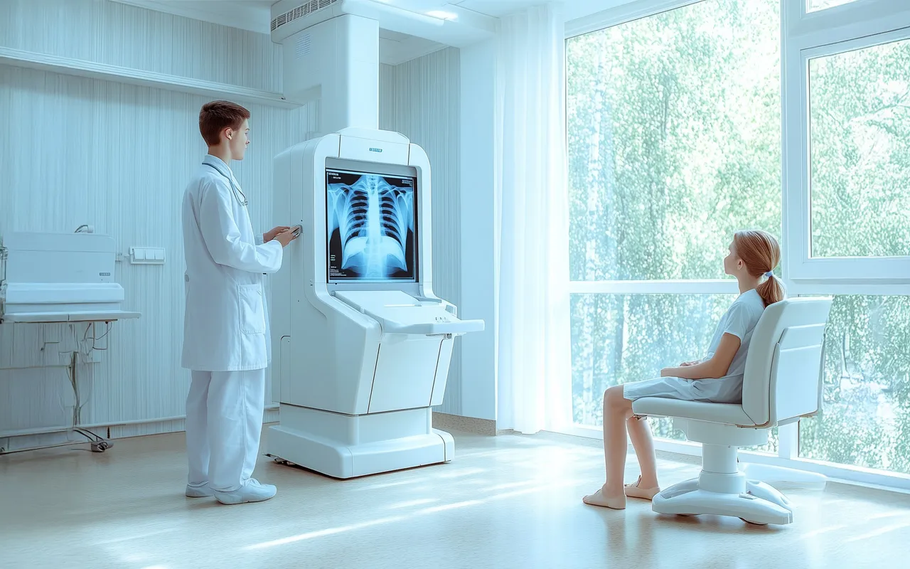 Doctora mostrando radiografía a paciente en clínica moderna, representando acceso a salud como parte de una planeación patrimonial integral.